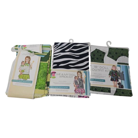 Lot of 3 Me and My Doll Outfit Sewing Kits Apron Matching Zebra Green Floral - Picture 1 of 4